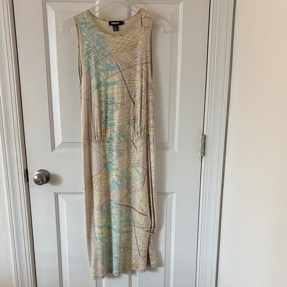 DKNY Silk Cream and Blue Patterned Midi Dress